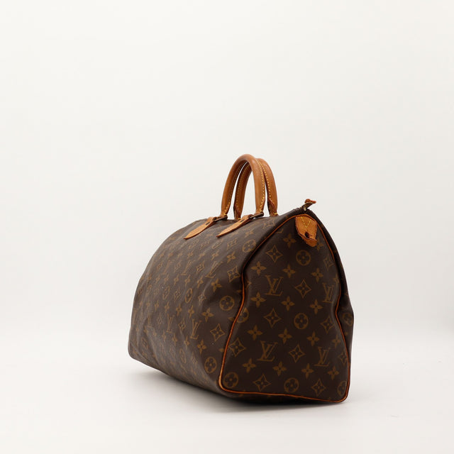 Vue trois quarts Louis Vuitton Speedy 35 toile Monogram patine caramel — AMANA Vintage