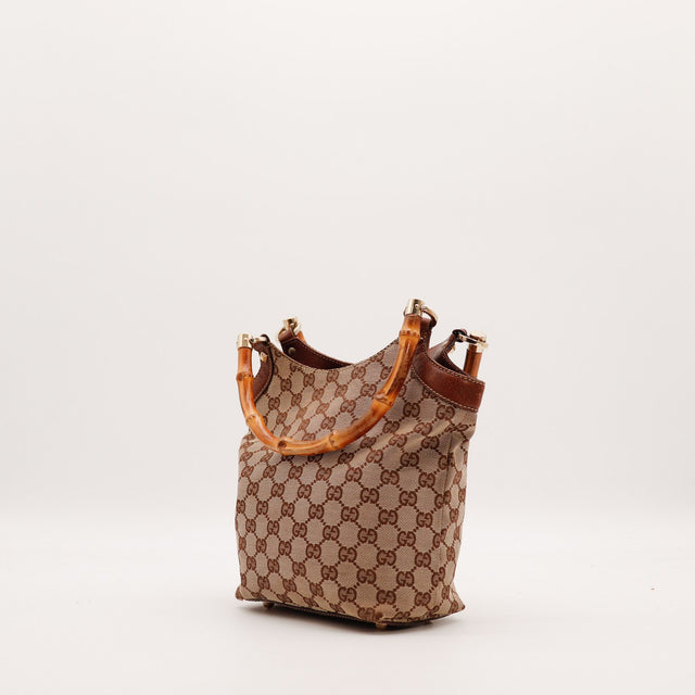Vue de trois quarts Tote Bag Bambou Gucci anses bambou cuir marron — AMANA Vintage