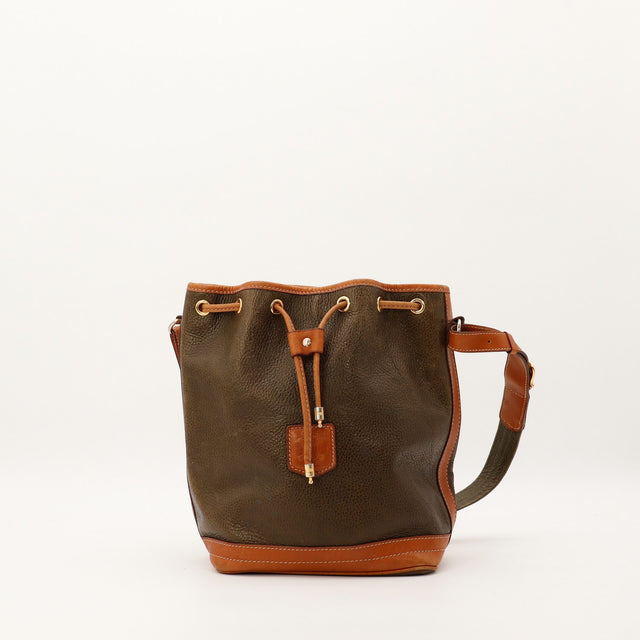 Sac seau Celine Macadam cuir grene kaki caramel vue de face occasion authentique — AMANA Vintage