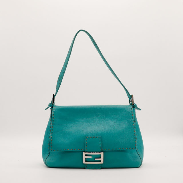 Fendi Mamma Baguette Selleria cuir turquoise vue de face occasion authentique — AMANA Vintage