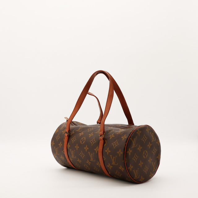 Louis Vuitton Papillon 30 vue laterale droite anses vachette patine caramel occasion — AMANA Vintage