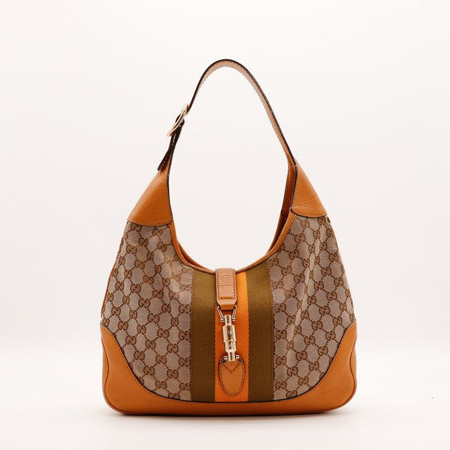 Sac Gucci New Jackie toile monogrammée cuir cognac bande Web vue de face occasion authentique — AMANA Vintage