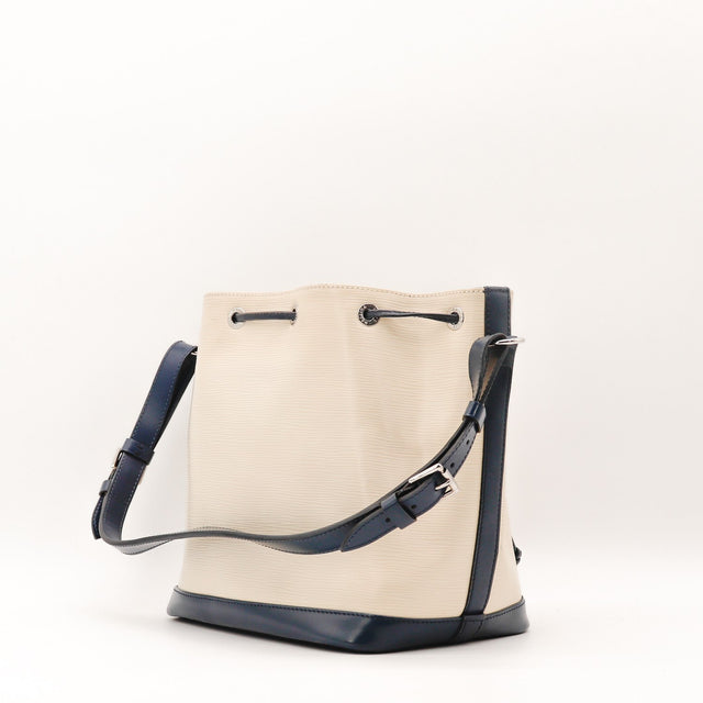 Vue de l'ouverture Louis Vuitton Noé cuir Épi beige et bleu occasion authentique — AMANA Vintage
