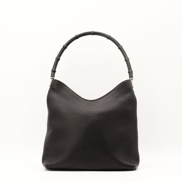 Vue de face Gucci Hobo Bambou cuir lisse noir occasion authentique — AMANA Vintage