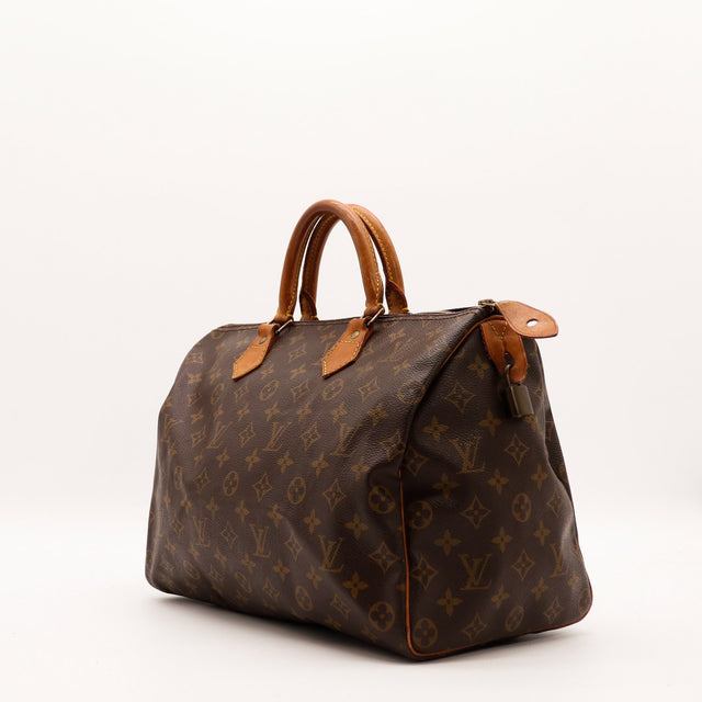 Vue trois quarts Louis Vuitton Speedy 35 toile Monogramme marron — AMANA Vintage