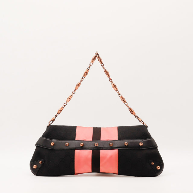 Vue de dos Gucci Pochette Horsebit toile monogrammée noire et satin rose occasion authentique — AMANA Vintage