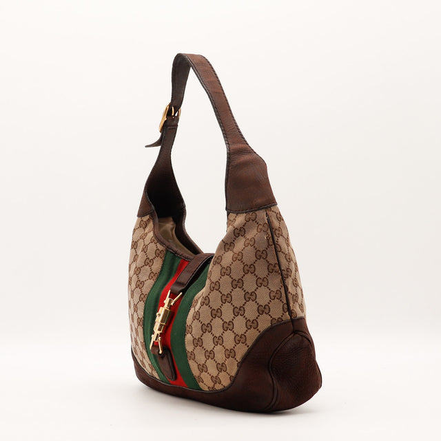 Sac Gucci New Jackie vue de trois quarts bande Web verte et rouge — AMANA Vintage