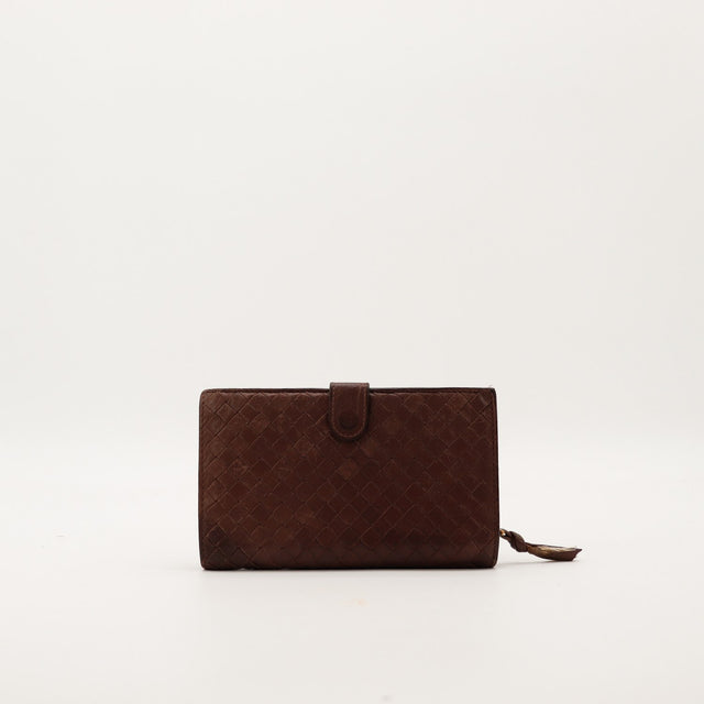 Portefeuille Bottega Veneta Intrecciato marron cuir tressé vue de face occasion authentique — AMANA Vintage