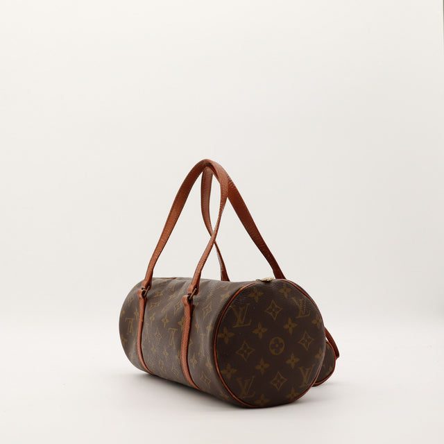 Louis Vuitton Papillon 30 vue laterale, cuir vachette patine caramel occasion — AMANA Vintage