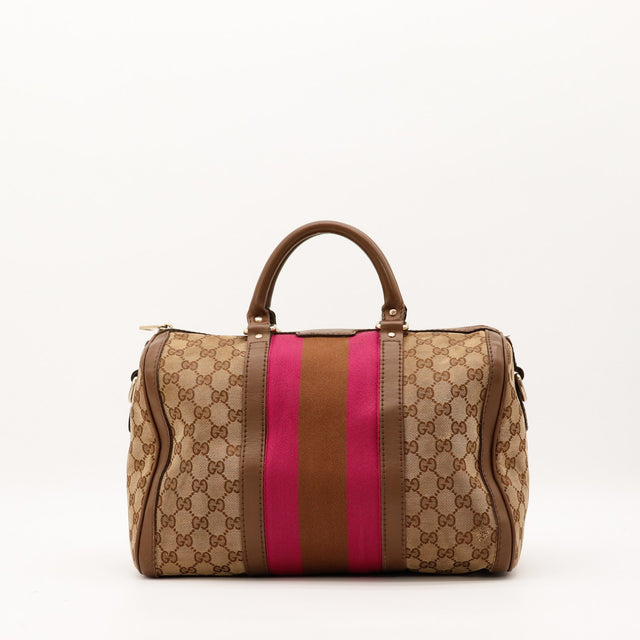 Sac Gucci Boston Web toile GG ruban rose occasion authentique vue de face — AMANA Vintage