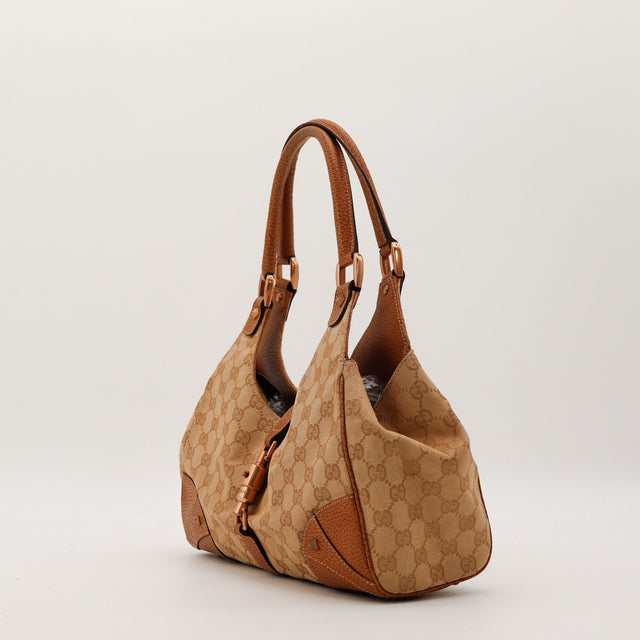 Vue de trois quarts Gucci Hobo Bambou canvas monogrammé cuir grené marron — AMANA Vintage