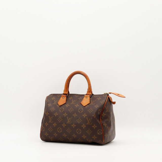 Louis Vuitton Speedy 25 vue trois quarts toile Monogram patine caramel — AMANA Vintage