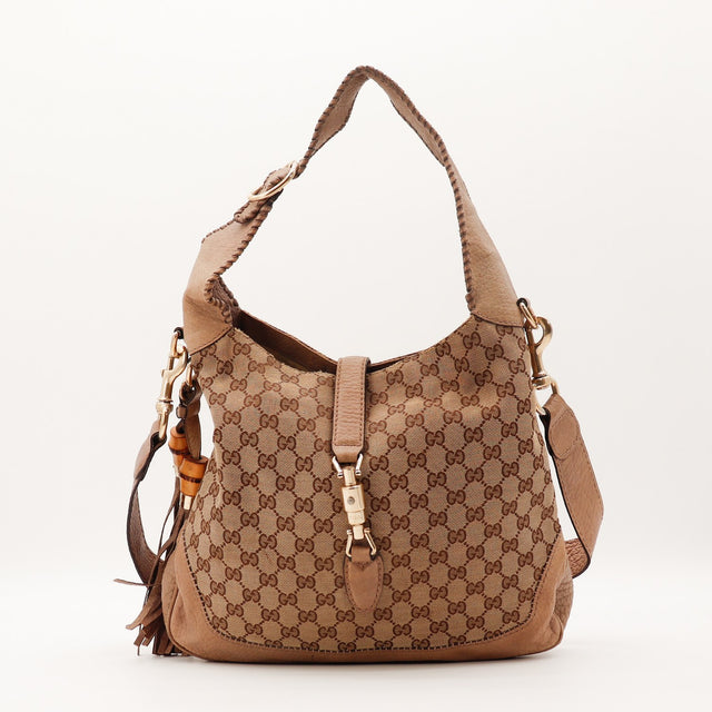 Sac Gucci New Jackie toile monogram beige et cuir vachette vue de face occasion authentique — AMANA Vintage