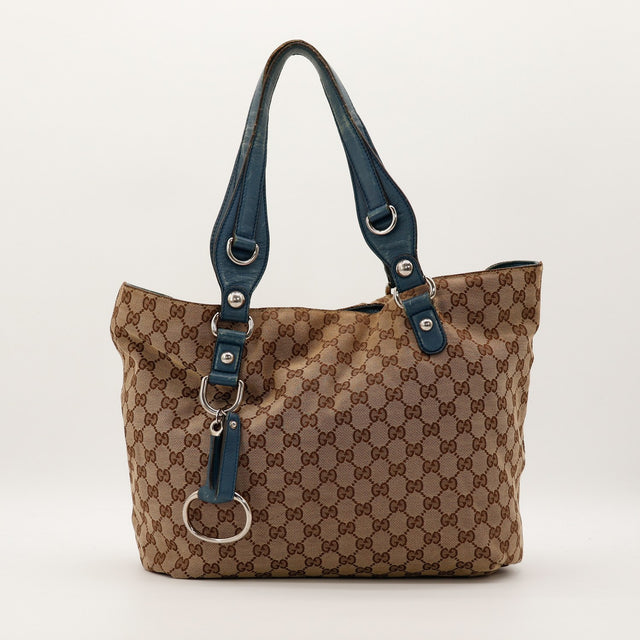 Tote Bag Horsebit Gucci GG Canvas bleu vue de face occasion authentique — AMANA Vintage