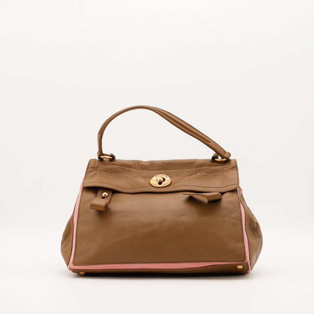 Sac Yves Saint Laurent Muse cuir grainé taupe et toile rose vue de face occasion authentique — AMANA Vintage