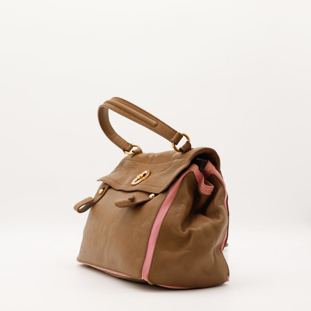 Sac YSL Muse vue de côté cuir taupe et canvas rose — AMANA Vintage