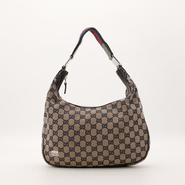 Sac Gucci Hobo Web canvas GG navy vue de face occasion authentique — AMANA Vintage