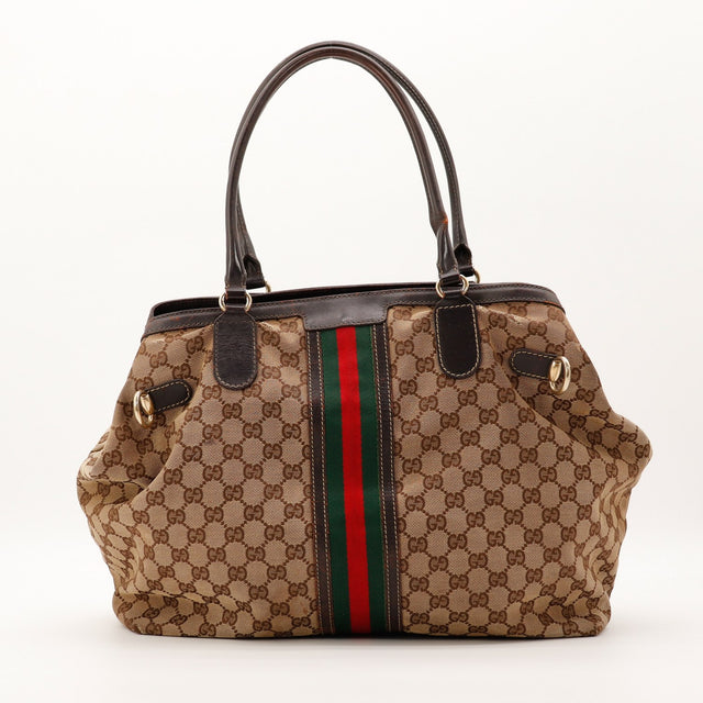 Tote Bag Gucci Web GG Canvas beige marron vue de face occasion authentique — AMANA Vintage