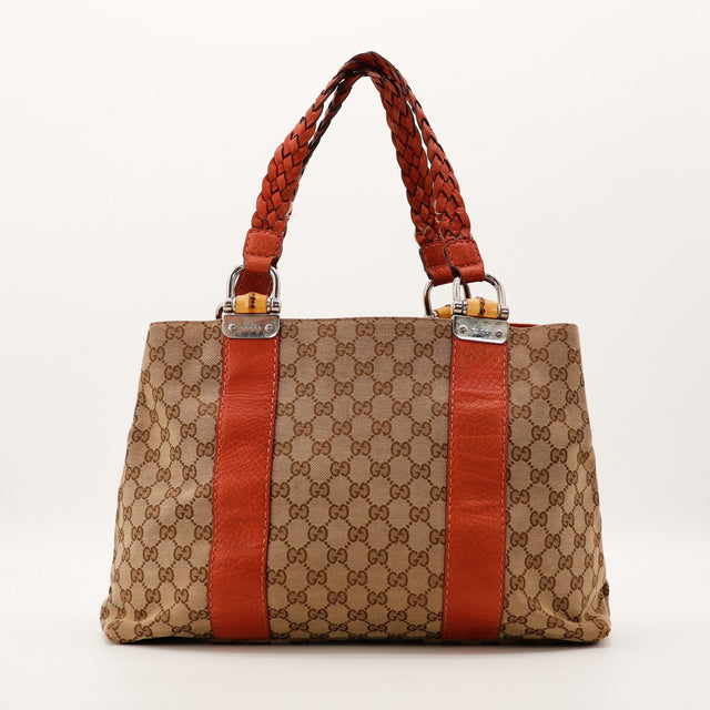 Tote Bag Bamboo Gucci toile GG canvas cuir rouge brique vue de face occasion authentique — AMANA Vintage