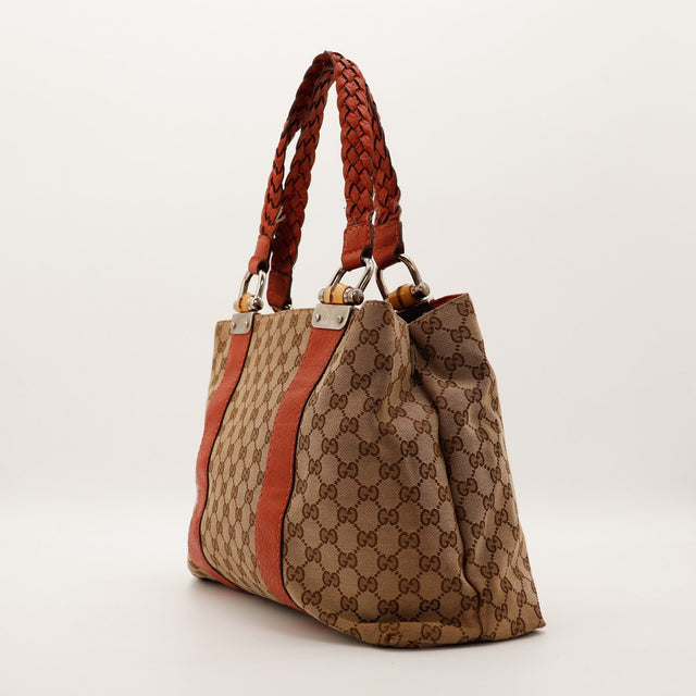 Vue de côté Tote Bag Bamboo Gucci toile monogrammée cuir rouge brique — AMANA Vintage