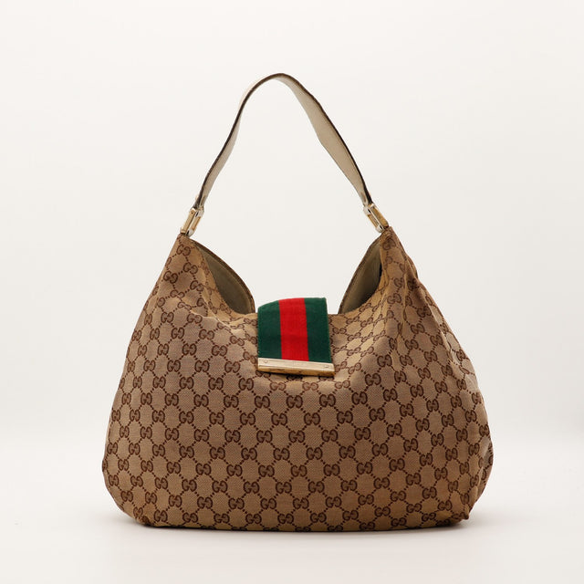 Sac Gucci Hobo Web toile GG Canvas beige anse ivoire vue de face occasion authentique — AMANA Vintage
