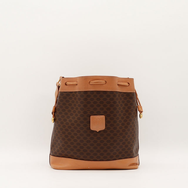 Sac seau Celine Macadam vue de face toile monogrammée marron cuir naturel occasion authentique — AMANA Vintage