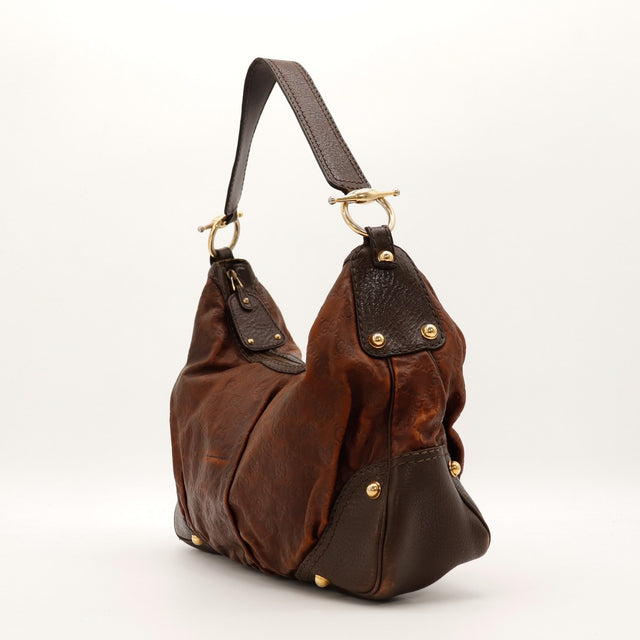 Sac Gucci Hobo Guccissima cuir marron vue trois quarts occasion — AMANA Vintage