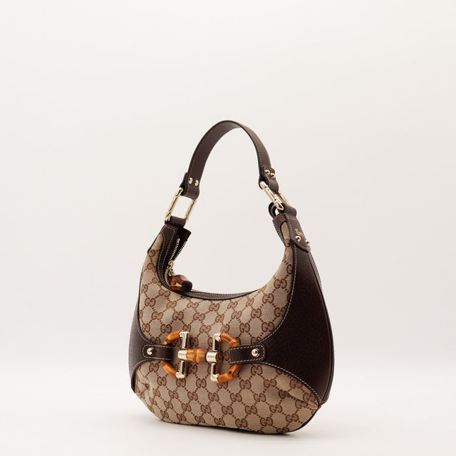 Vue de trois quarts Gucci Hobo Bambou toile monogrammée cuir marron — AMANA Vintage