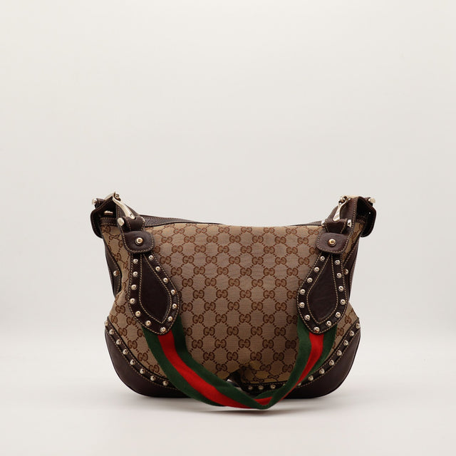 Sac Gucci Hobo Web canvas GG marron ruban vert rouge clouté vue de face occasion authentique — AMANA Vintage