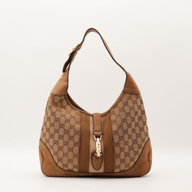 Sac Gucci New Jackie toile monogrammée beige marron vue de face occasion authentique — AMANA Vintage
