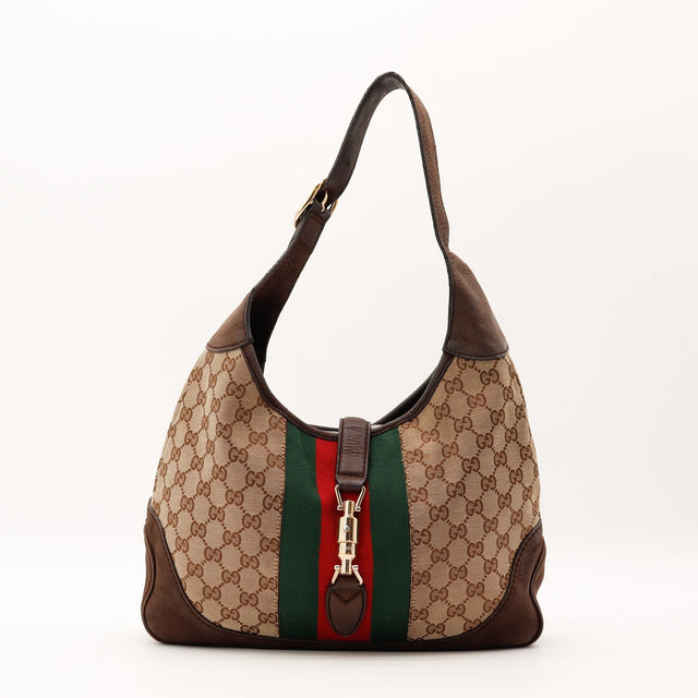 Sac Gucci New Jackie Web toile monogrammée bande Web vert rouge vue de profil occasion authentique — AMANA Vintage