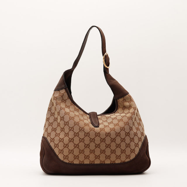 Sac Gucci New Jackie Web vue de face sans bande Web toile monogrammée marron — AMANA Vintage