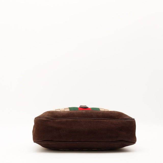 Fond du sac Gucci New Jackie Web cuir grainé marron vue de dessous — AMANA Vintage