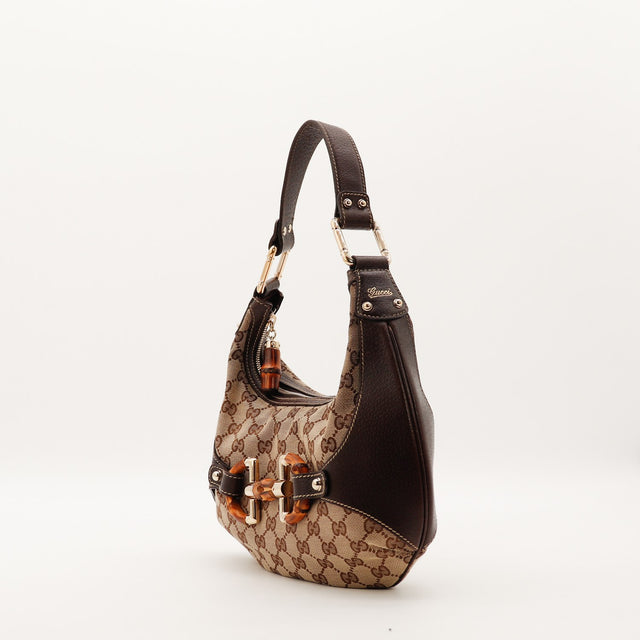 Vue de profil Hobo Bambou Gucci toile monogrammée cuir marron — AMANA Vintage