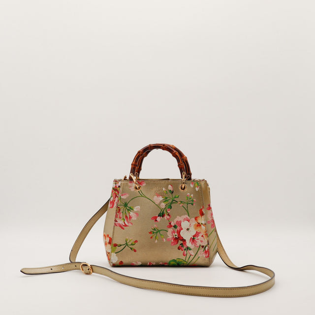 Tote Bag Bambou Flora Gucci cuir grené kaki imprimé floral vue de face occasion authentique — AMANA Vintage
