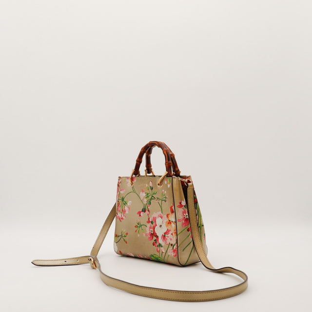 Tote Bag Bambou Flora Gucci vue de dos avec bandoulière cuir kaki occasion — AMANA Vintage