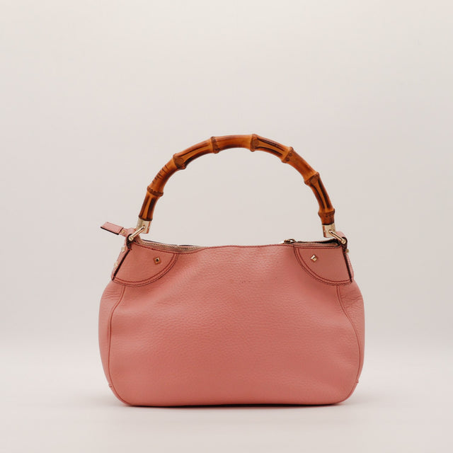 rear view Gucci Hobo Bambou leather pink bag with hand vintage — AMANA Vintage