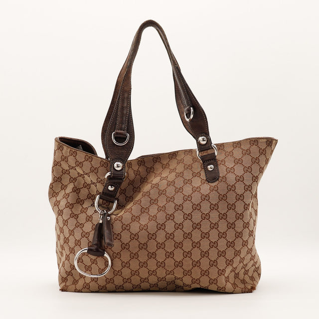 Tote Bag Gucci Horsebit toile monogrammée beige marron vue de face occasion authentique — AMANA Vintage