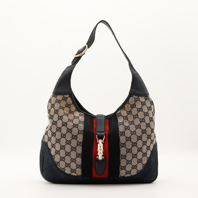 Sac Gucci New Jackie hobo toile monogrammée bande Web noir rouge vue de face occasion authentique — AMANA Vintage
