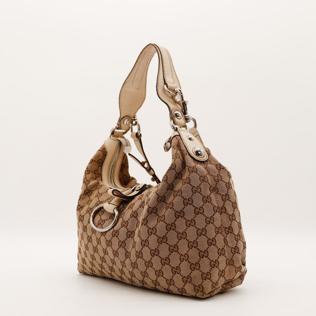 Hobo Gucci toile monogrammée vue de trois-quarts côté droit occasion — AMANA Vintage