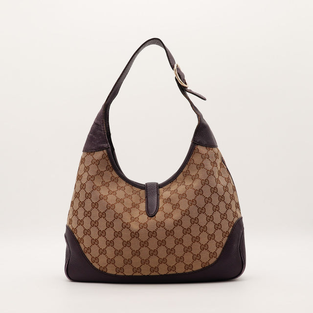 Face arrière sac Gucci New Jackie toile monogrammée beige cuir prune — AMANA Vintage