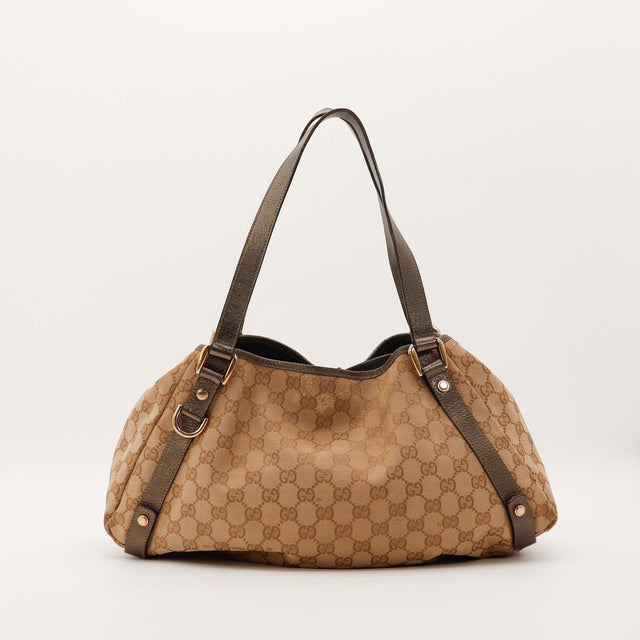 Hobo Gucci toile monogrammée beige marron vue de face occasion authentique — AMANA Vintage