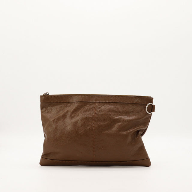 Pochette Balenciaga cuir marron vue de dos avec anneau argenté — AMANA Vintage