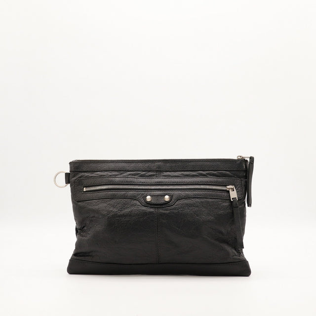 Pochette Balenciaga City Clip cuir agneau noir vue de face occasion authentique — AMANA Vintage