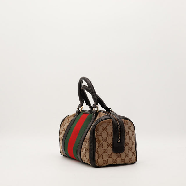 Sac Gucci Boston Joy Web vue de trois quarts gauche toile monogram occasion — AMANA Vintage