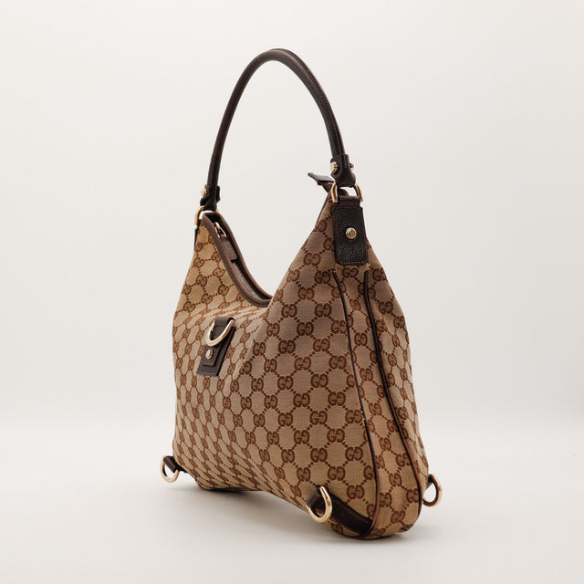 Sac Gucci Tote Horsebit vue de trois quarts toile GG canvas marron occasion — AMANA Vintage