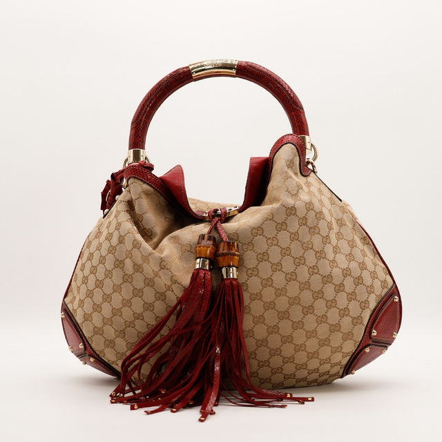 Sac Gucci Indy Hobo toile GG canvas et python rouge vue de face occasion authentique — AMANA Vintage