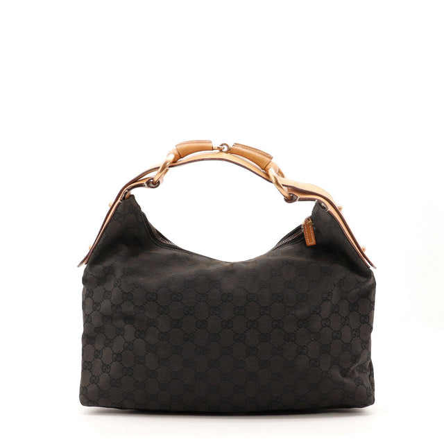 Vue de face Gucci Hobo Horsebit toile monogrammée marron foncé et noir occasion authentique — AMANA Vintage