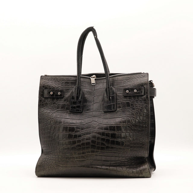 Vue de dos Saint Laurent Sac de Jour Souple cuir embossé façon crocodile noir occasion authentique — AMANA Vintage