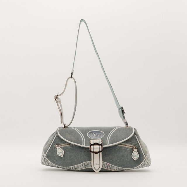 Pochette Dior Trotter toile Oblique grise vue de face bandoulière réglable occasion authentique — AMANA Vintage